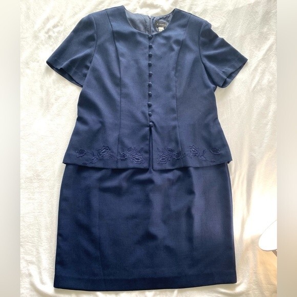 Vintage Navy Embroidery Midi Sheath Dress Deco Buttons Linen Look by VIRGO SZ 16 - Picture 2 of 13